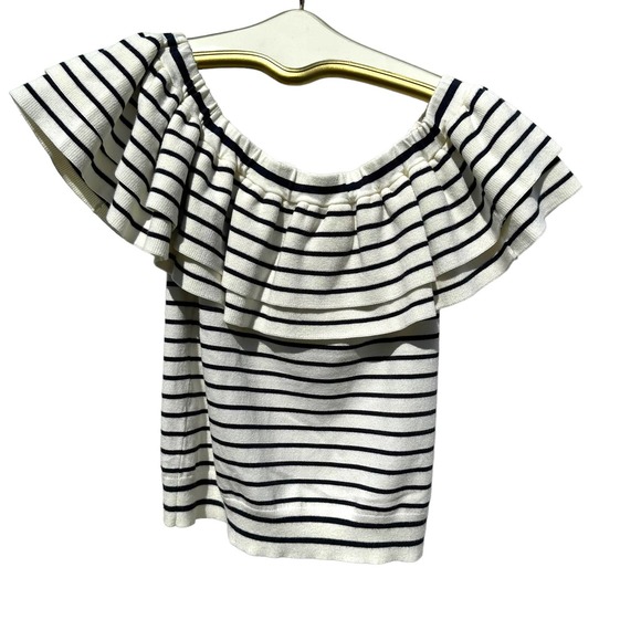 J. Crew - Off the Shoulder Striped Knit Top w/Double Ruffles, White/Black, SizeS - Picture 10 of 12
